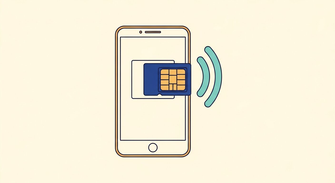 スマホキャリアを起点に経済圏が決まることを表すイラスト（SIMカードとスマートフォンと電波）